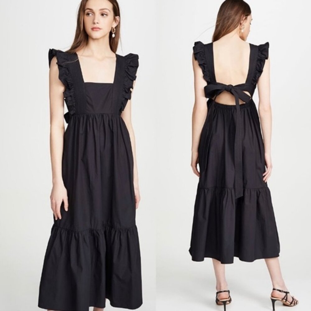 Self-Portrait Black Apron Pinafore Open-Back Ruffled Cotton-Poplin Midi Dress
